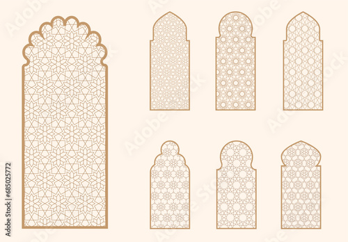 Islamic window shape with mashrabiya pattern. Arabic door frame. Islamic arhitecture elements of window and door and mashrabiya pattern. photo
