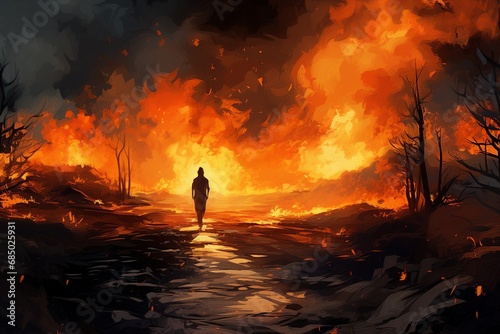A painting-style illustration portraying a person walking on a path surrounded by wildfire.