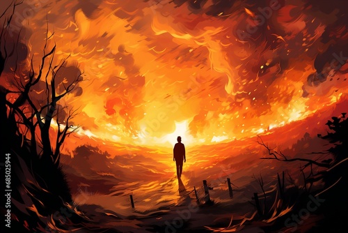 A painting-style illustration portraying a person walking on a path surrounded by wildfire.