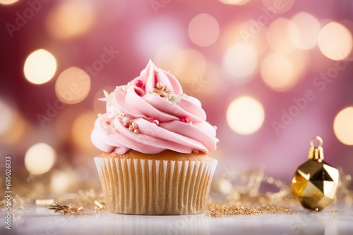 Banner with Christmas pink cupcake with pink whipped cream or cream, golden sprinkles