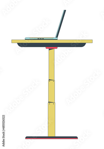 Stand up workstation desk with laptop 2D linear cartoon object. Flexible furniture isolated line vector element white background. Adjustable table with notebook side view color flat spot illustration