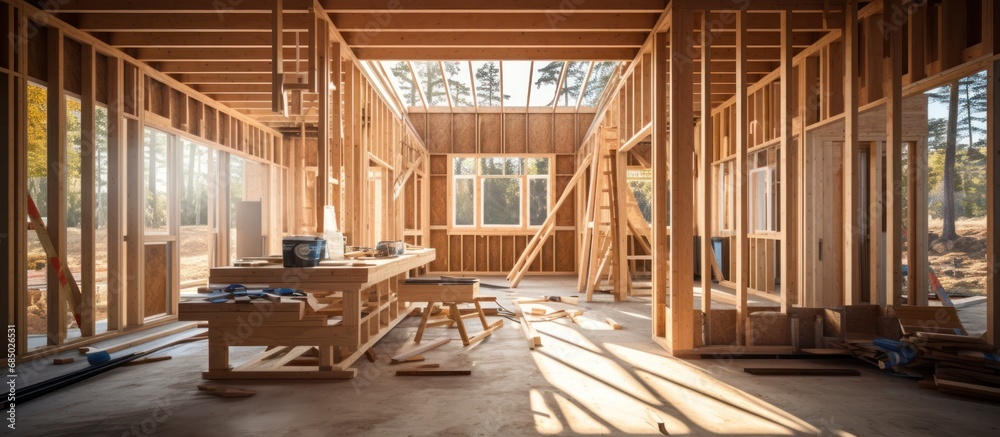 Sunlit Wooden Home Construction Interior - obrazy, fototapety, plakaty 