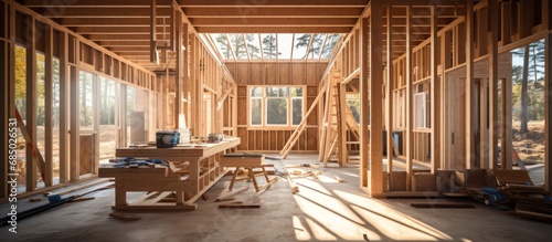 Sunlit Wooden Home Construction Interior photo