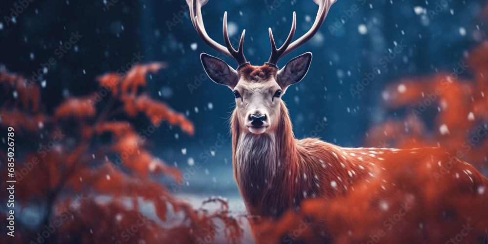 Noble deer in winter forest. Autumn scene with reindeer. Snowy winter christmas landscape Noble deer in winter forest. Autumn scene with reindeer. Snowy winter christmas landscape