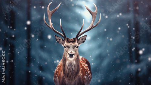 Noble deer in winter forest. Autumn scene with reindeer. Snowy winter christmas landscape © B-design