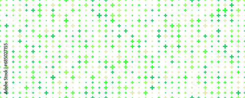 Medical cross and plus background. Abstract seamless green pattern for hospital and pharmacy. Geometrical shapes ornament. Vector backdrop
