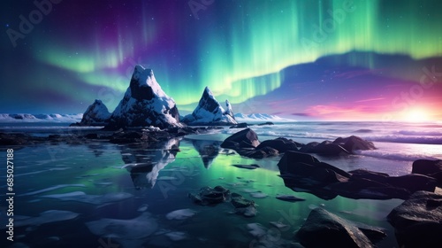 Aurora Borealis over Snowy Mountains