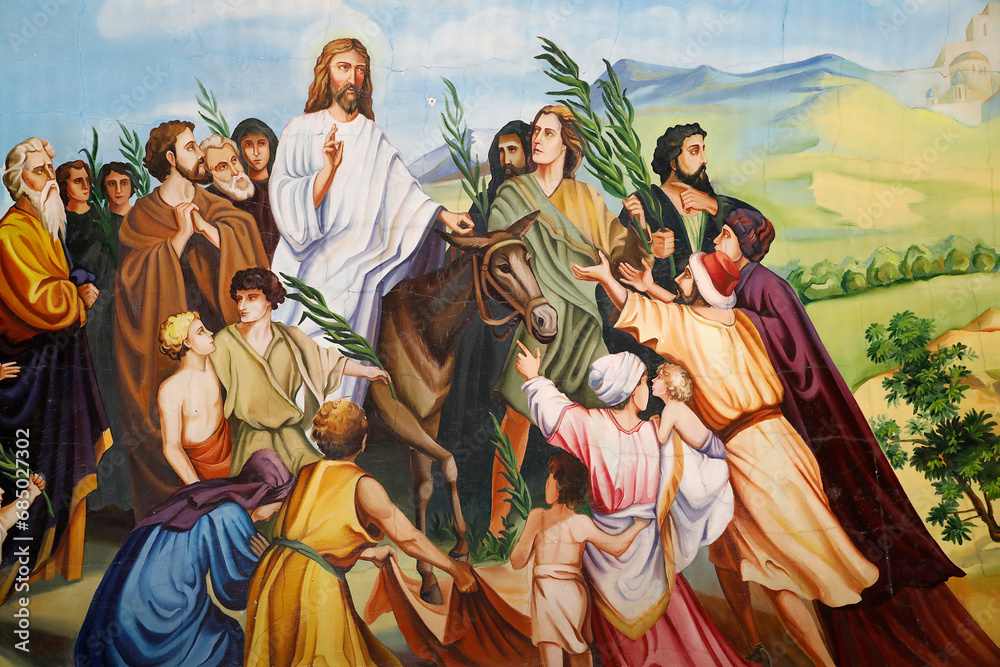 Painting in Cosauti monastery church, Moldova. Palm sunday, Jesus entering Jerusalem on a donkey - obrazy, fototapety, plakaty 