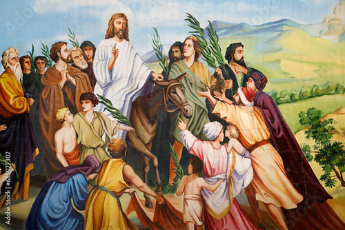 Painting in Cosauti monastery church, Moldova. Palm sunday, Jesus entering Jerusalem on a donkey