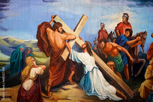 Painting in Cosauti monastery church, Moldova. Station of the cross photo
