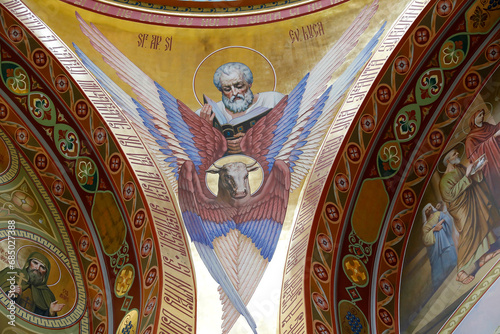 Church ceiling fresco, Curchi monastery, Moldova. Evangelist St Luke