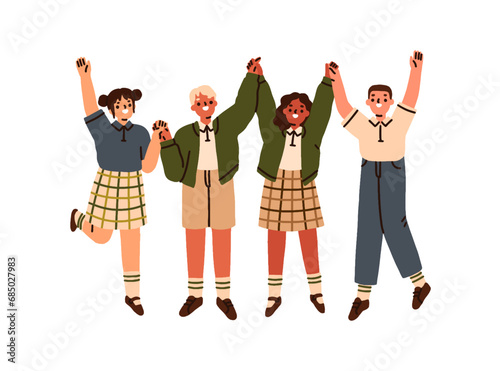 Happy school children, students hold hands together, celebrating. Multi-ethnic kids classmates portraits. Joyful excited boys and girls. Flat graphic vector illustration isolated on white background