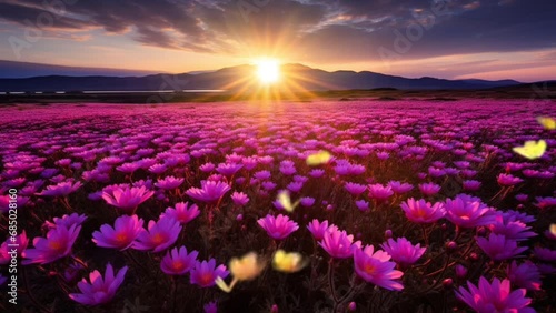 Sunset landscape in a flower field during summer or spring. Seamless looping video background animation. Generated with AI