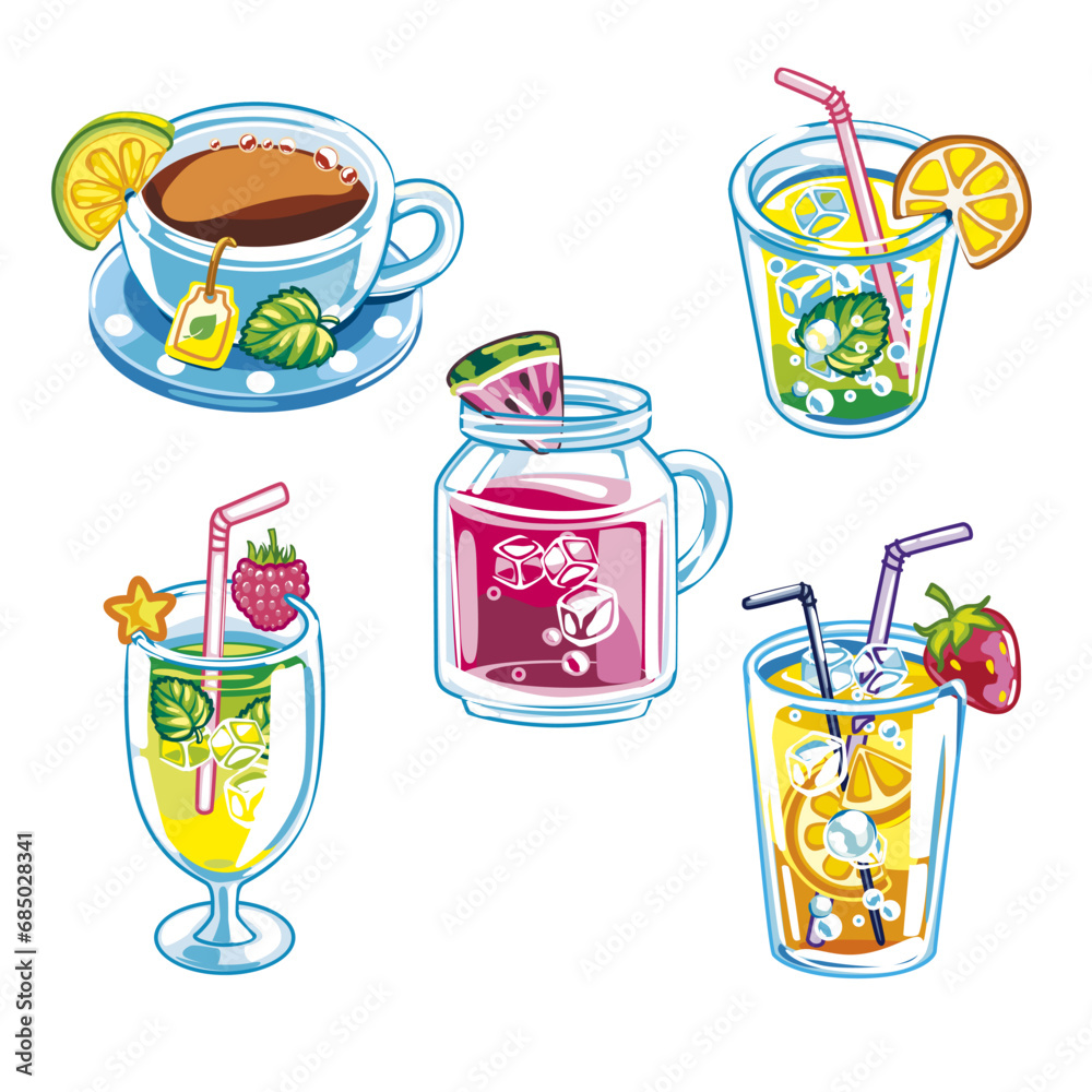 Set of five refreshing healthy drinks. Set of five refreshing healthy drinks.