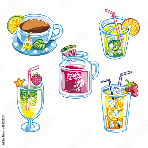 Set of five refreshing healthy drinks.