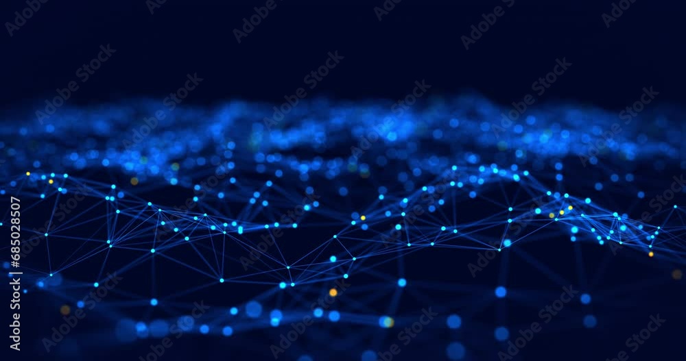 Looped animation of a plexus plane of lines and dots of blue and orange particles