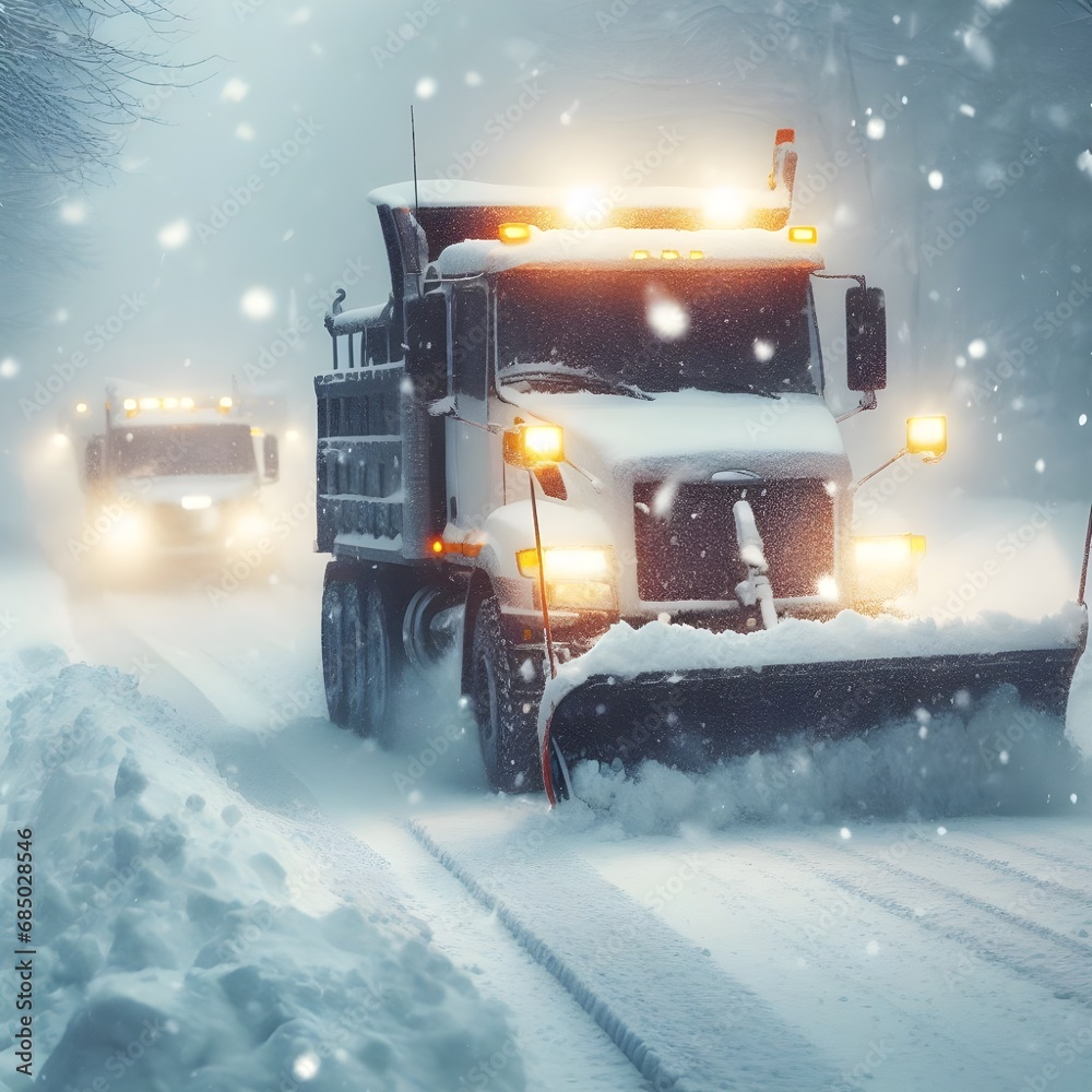 Snowplow removing snow from a road during a winter blizzard or snowstorm. Concept of traffic in blizzard and snow removal. Snowplow removing snow from a road during a winter blizzard or snowstorm. Concept of traffic in blizzard and snow removal.