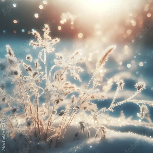 Beautiful gentle winter landscape, frozen grass on snowy natural background. Winter background with flowers covered with snow crystals glittering in sunlight. Defocused winter landscape.