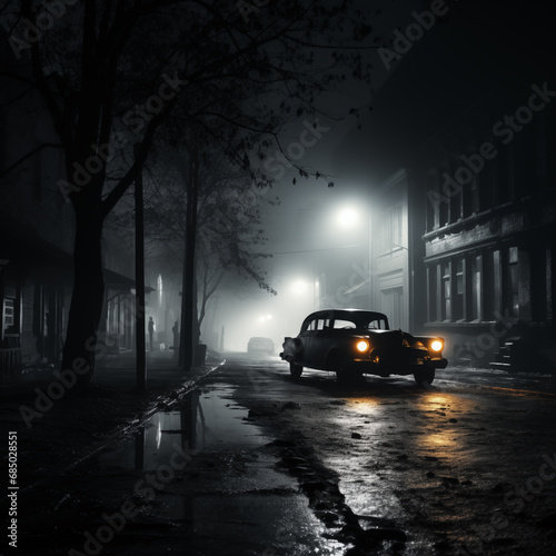 Dark alley in a foggy night, a solitary car with headlamps lit quietly stopped in the middle of the road, two silhouettes far away, the beginning of a thrilling story