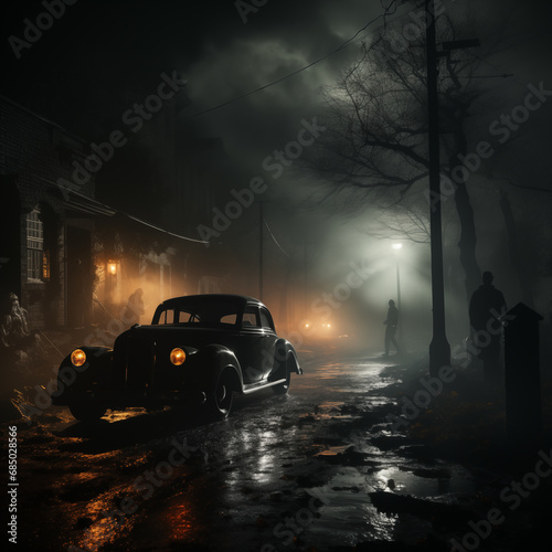 A car parked , a house dim lit, a dark corner of a street without illumination in a foggy night and some silhouettes silently around, vintage thriller scene