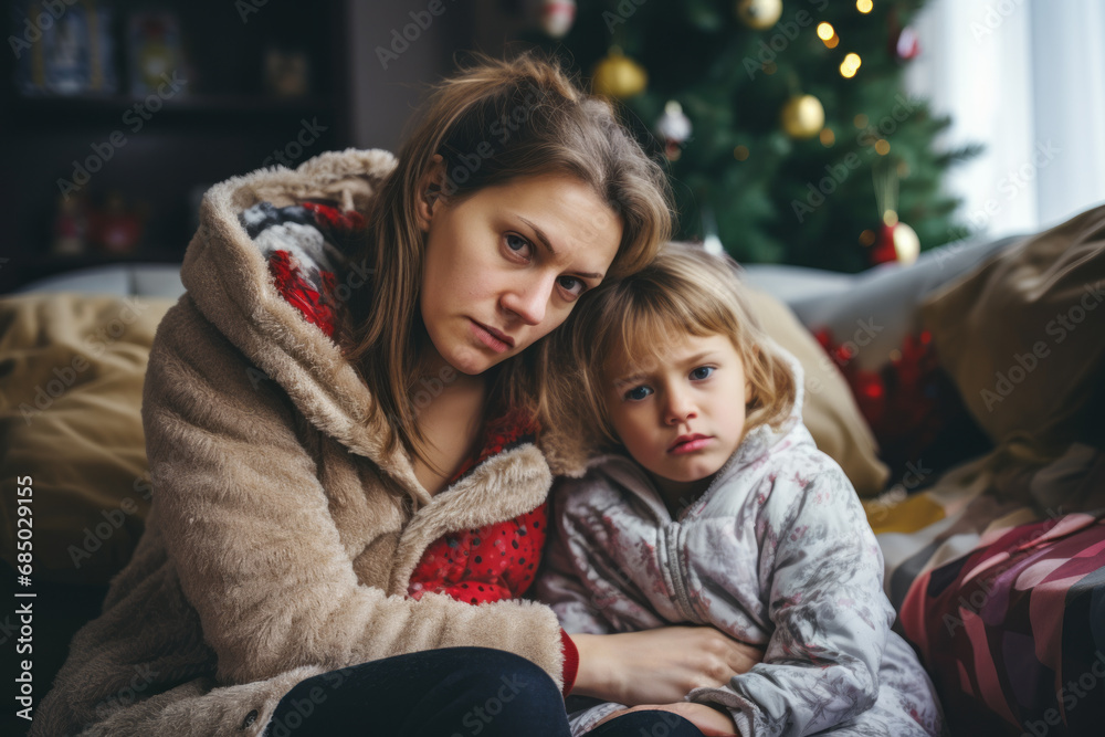 Sad Christmas in poor family. Mother hugs her kid, wants to comfort and cheer up because of sad and cold Christmas holidays. Solitude, poverty, sorrow, loss, grief, divorce, illness, family problems - obrazy, fototapety, plakaty 