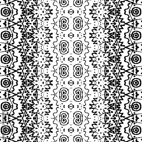 Doodle Aztec Ink Pattern. Ethnic Ikat Print. Black Color Ethnic Ink Vector. Simple Doodle Pattern. Native Dark Scribble Batik. Black Colour Ink Doodle Pattern. Seamless Dark Doodle Vector