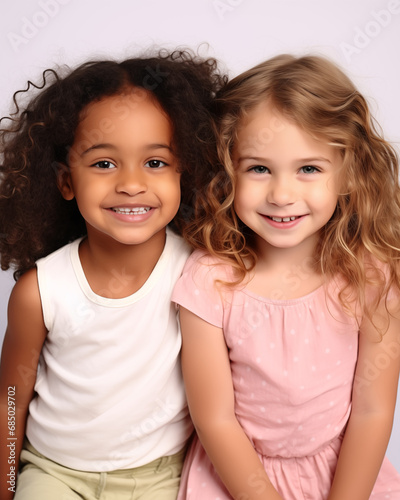 Friendship in Childhood: Image of Two Smiling, Adorable Little Girls of Different Ethnicities Against a White Background, Capturing the Essence of Childhood Bonds and Joyful Companionship