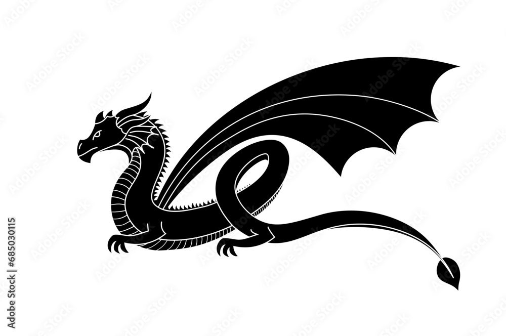 Isolated black silhouette of dragon with wings on white background. Tattoo template, icon, logo. Symbol of 2024 new year according to Chinese lunar calendar. Stock vector illustration.
