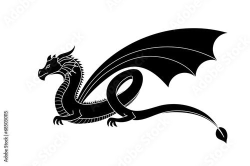 Isolated black silhouette of dragon with wings on white background. Tattoo template, icon, logo. Symbol of 2024 new year according to Chinese lunar calendar. Stock vector illustration.