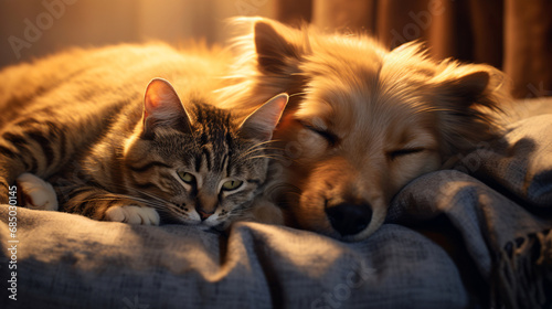 a cat asleep on a pillow beside a dog sleeps golden patterned soft-focus portraits