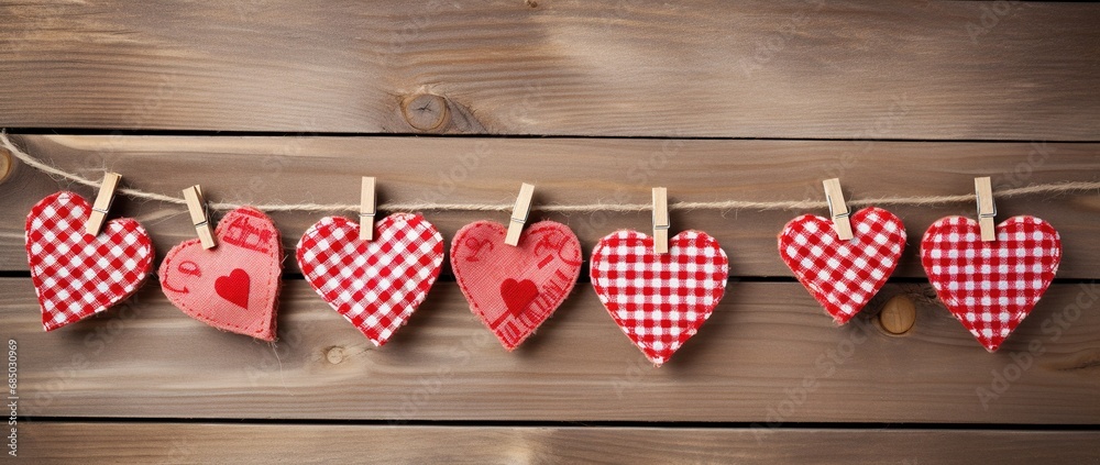 Obraz premium Valentine's day background with hearts and clothespins on wooden wall