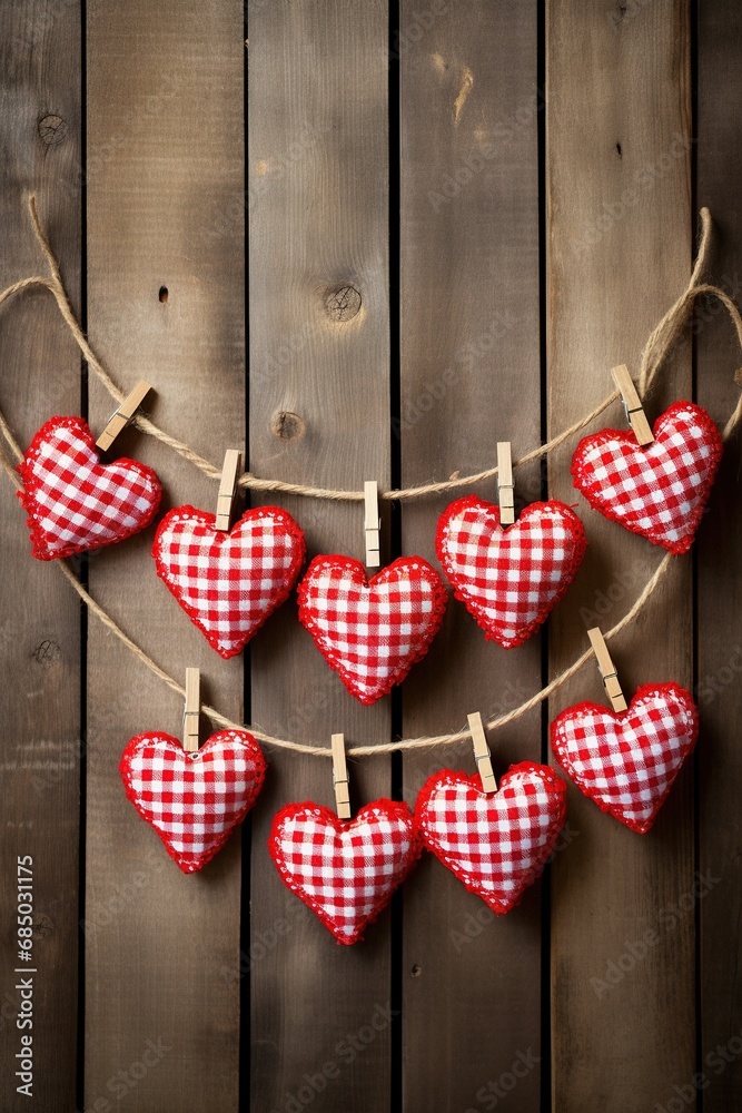 Obraz premium Valentine's day background with hearts and clothespins on wooden wall