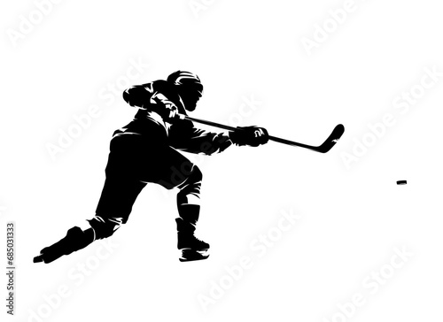 Hockey player shooting puck, isolated vector silhouette, side view. Ice hockey team sport