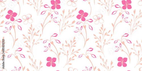 Seamless, gentle, simple, minimalist flowers pattern. Vector hand drawn abstract branches flowers. Template for textile, fashion, print, surface design, paper, cover, fabric