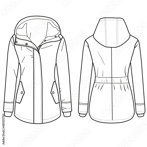 Warm winter hooded jacket, windproof hooded jacket for girls. Outerwear jackets technical fashion illustration. Flat coat template front and back view.