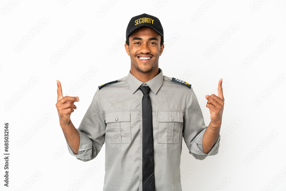 African American safeguard over isolated white background pointing up a great idea African American safeguard over isolated white background pointing up a great idea