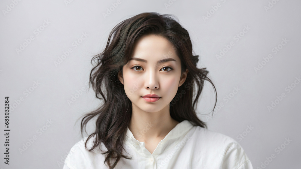 Ritratto di una bellissima ragazza di origini asiatiche senza trucco su sfondo neutro, naturale, colori neutri Ritratto di una bellissima ragazza di origini asiatiche senza trucco su sfondo neutro, naturale, colori neutri