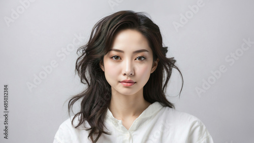 Ritratto di una bellissima ragazza di origini asiatiche senza trucco su sfondo neutro, naturale, colori neutri photo