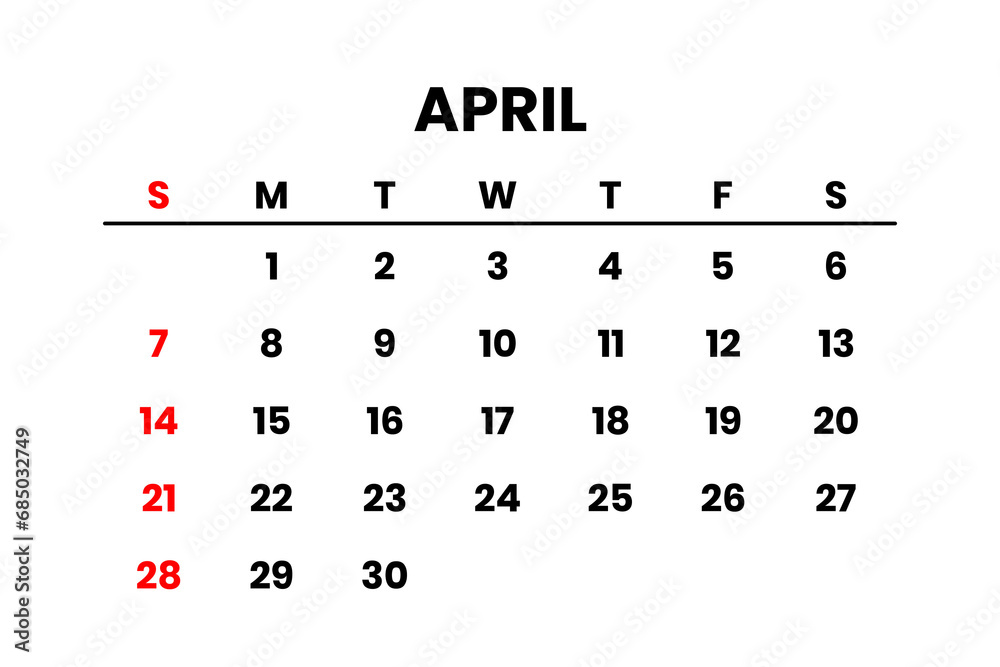 April 2024 Calendar png transparent background  - obrazy, fototapety, plakaty 