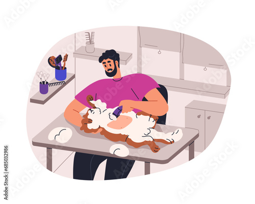 Groomer shaving cats hair, trimming feline animal in pets beauty salon. Groom...