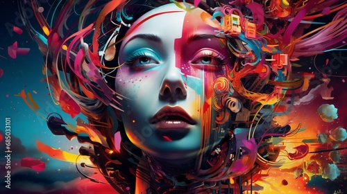 Create an abstract, futuristic collage painting with intricate patterns and vivid colors in stunning