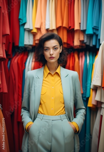 a woman in yellow suits stands amidst colorful prints, light orange and light gray, candid, cyan and crimson