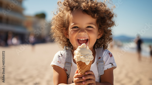 Cute little boy eating ice cream on the beach at summer day