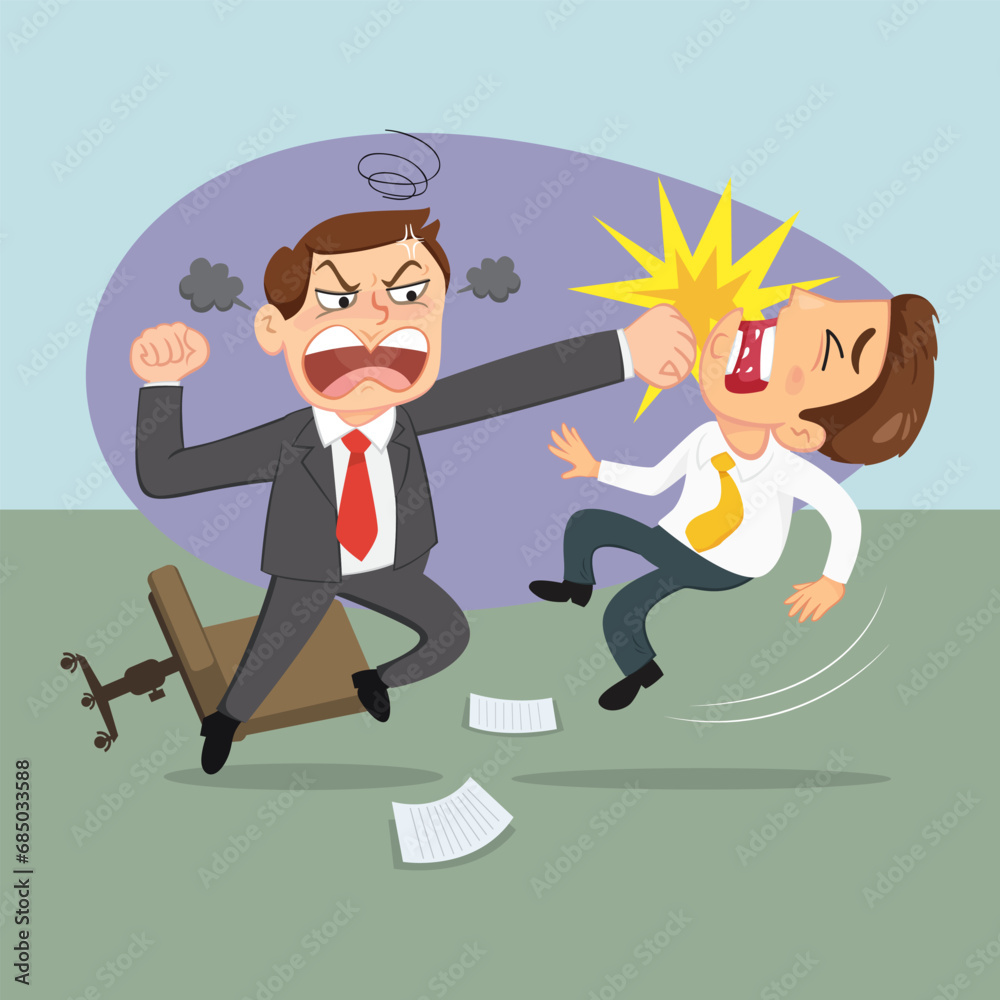 Bad angry boss punching employee in office. boss and employee have conflict,illustration vector eps10 cartoon. Bad angry boss punching employee in office. boss and employee have conflict,illustration vector eps10 cartoon.
