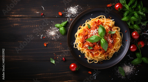 Italian pasta alla arrabiata with basil photo