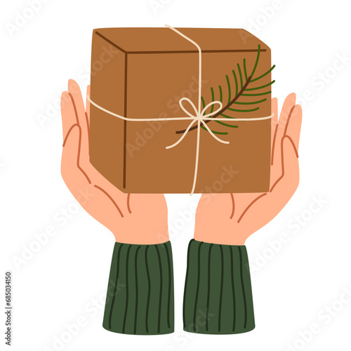 Hand holding gift boxes. Grant exchange concept xmas holiday, arms gives new year souvenirs. Wrapping Christmas gift box. Preparing for celebration Christmas eve or new year. Vector illustration