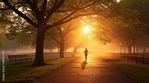 Morning Sunrise in a Beautiful Park with a Man Running