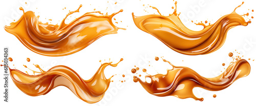 Set of delicious caramel splashes, cut out photo