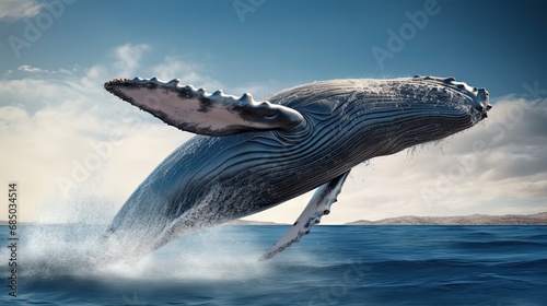 Humpback whale jumping from the ocean water photo