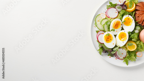 Keto diet plate. Beacon eggs and fresh salad.